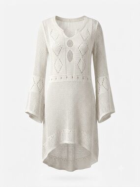 White Crochet Beach Cover Up Dress Bell Sleeve Open Knit High Low Pointelle M/L